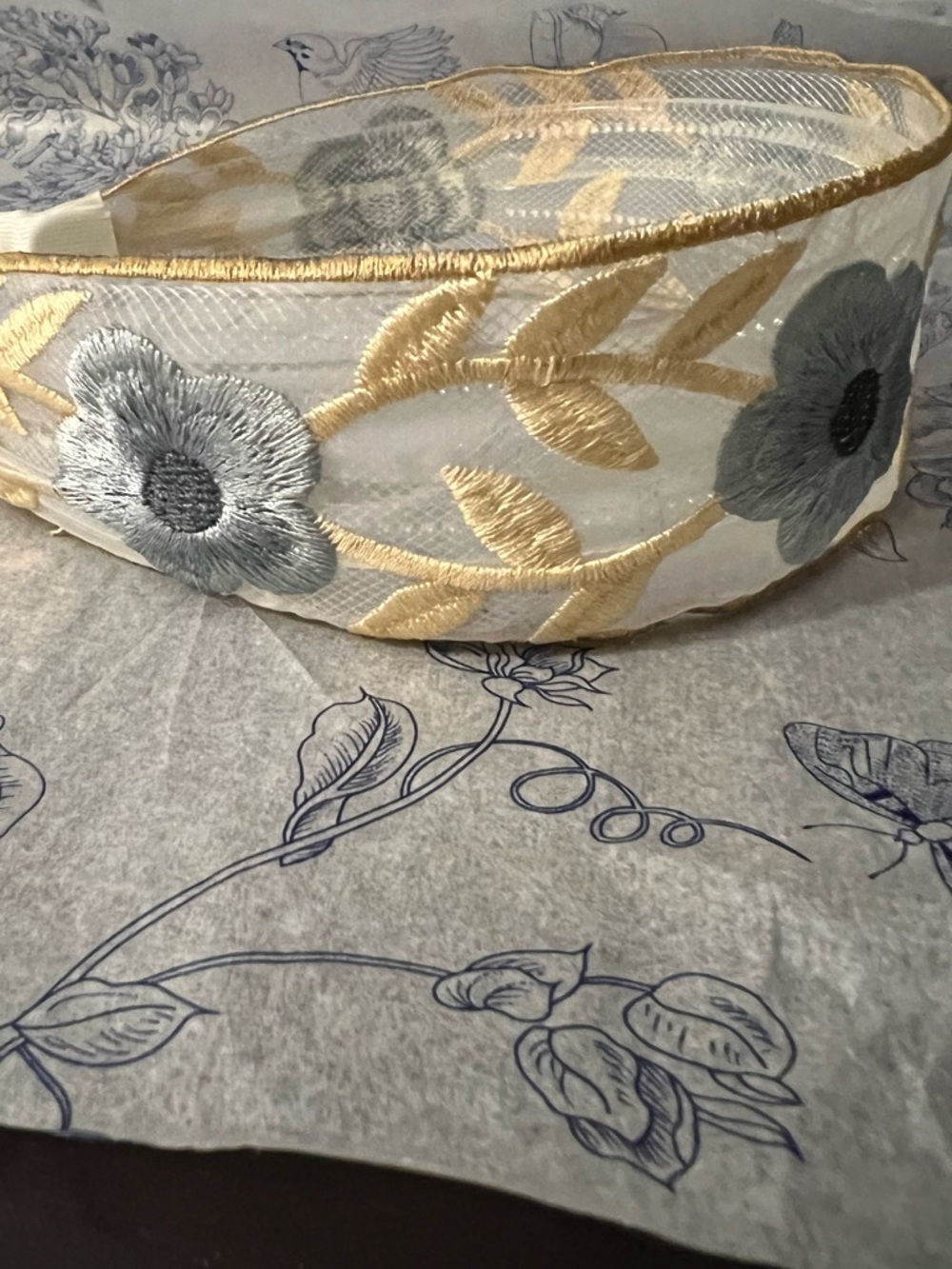 Elegant Gold & Gray Floral Embroidered Headband